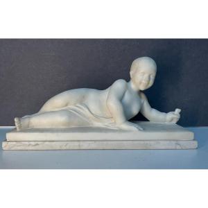 Belle Et Rare Sculpture En Marbre De Alexandre Notari, Enfant Couché