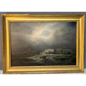 Peinture Du XIXe Siècle, Fort Ou Baie De Saint-malo Par Temps D’orage