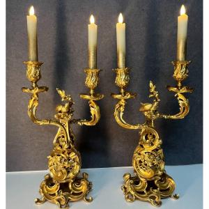 Superbe Paire De Candélabres chandeliers Bougeoirs En Bronze Doré Au Mercure XIXe Siècle