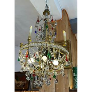Magnificent Chandelier With Basket And Tassels, Colored Water Drop Pendants