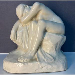 Sculpture Terre Cuite émaillée,  1930,  Femme Nue Assise Sur Un Rocher, Edition Kaza G. Granger