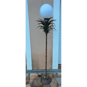 Floor Lamp With Palm Tree Decor Circa 1970 In Painted Sheet Metal Imitation Bamboo Shaft