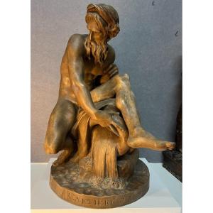 Large Patinated Terracotta Sculpture – “the River”, After Jean-jacques Caffieri