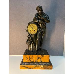 Important Bronze And Marble Mantel Clock, Silenus Feeding The Young Bacchus