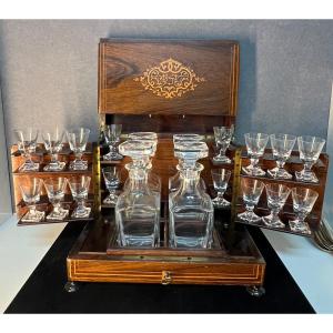 Complete Original Antique Liqueur Cellar With Sèvres Crystal Interior, 19th Century