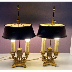 Pair Of 19th Century Bouillotte Lamps Stamped By Victor Paillard, In Gilt Bronze