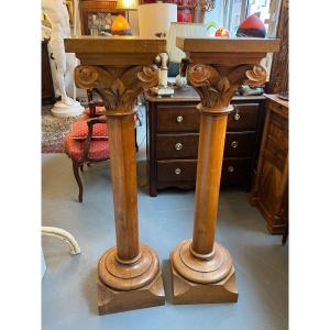 Pair Of Late 19th Century Carved Light Oak Columns, Good Quality, Capital Decor 