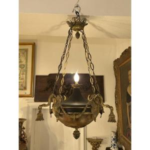 Important Empire Style Chandelier In Sheet Metal And Alabaster Nineteenth Century
