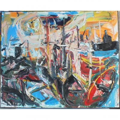 Oil On Canvas Port Nice Damiano (1926-2000) Painting Painting 100 X 81