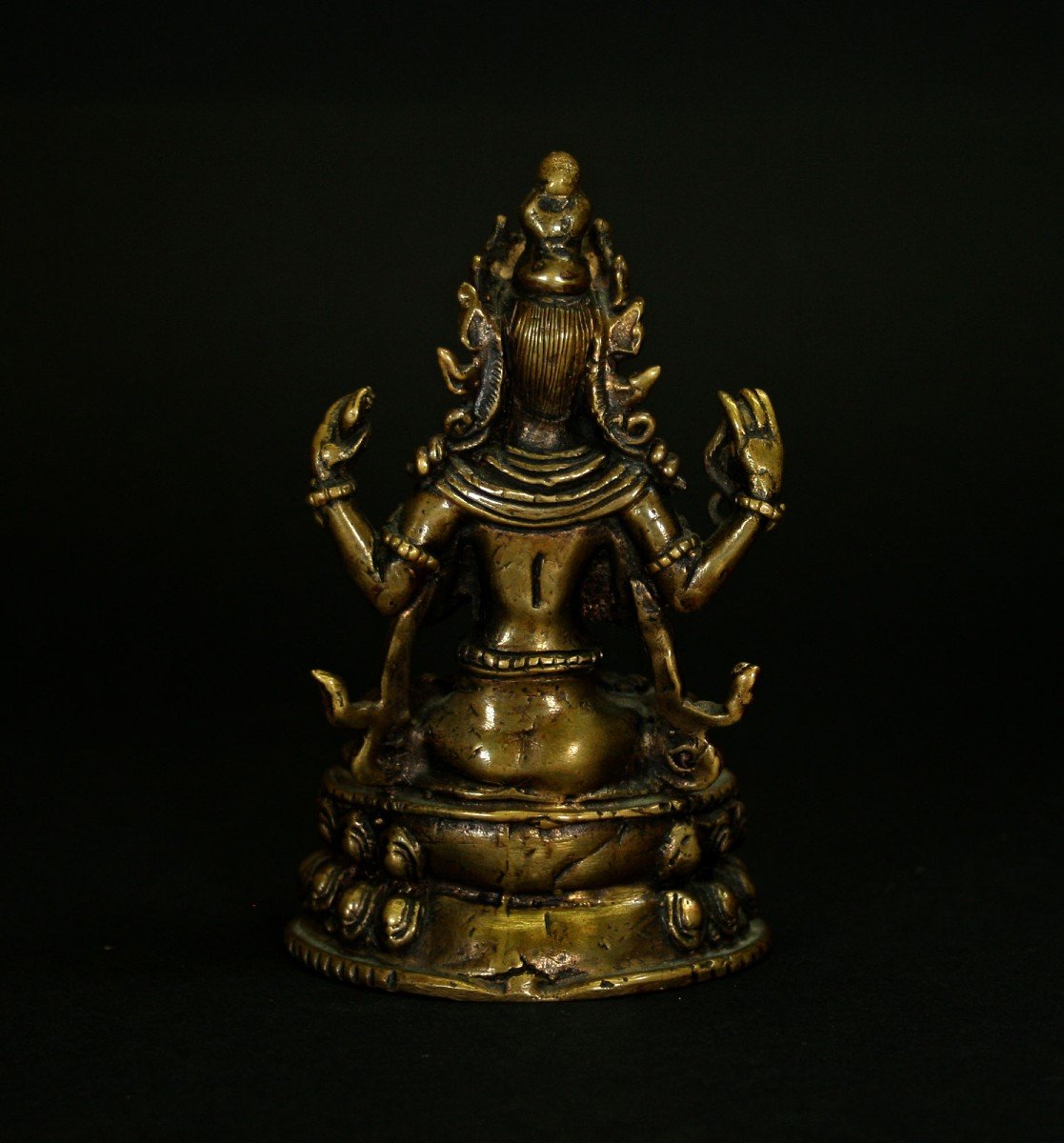 Antique Bronze Four Armed Avalokiteshvara Bodhisattva Of Compassion. Nepal Or Tibet.-photo-3