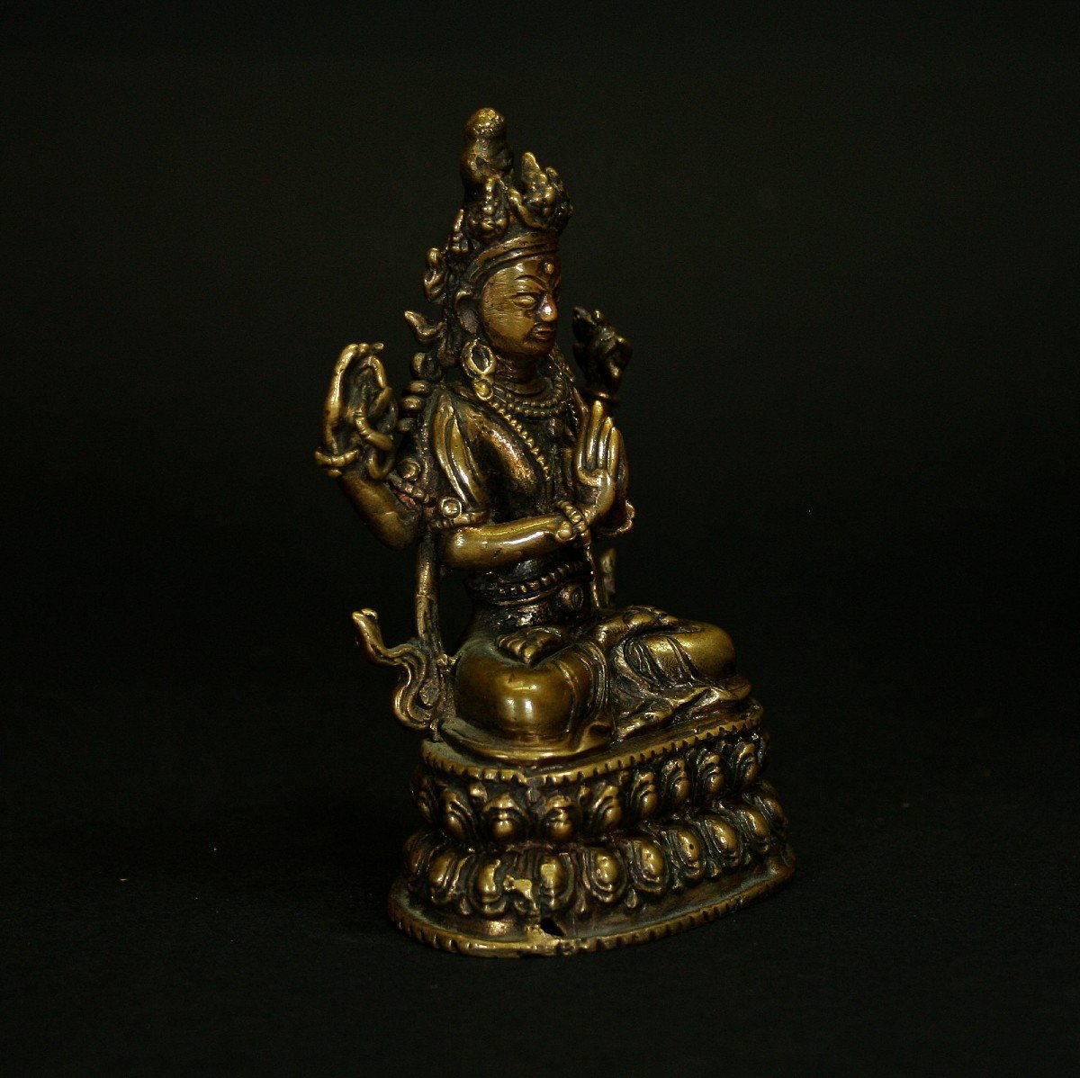 Antique Bronze Four Armed Avalokiteshvara Bodhisattva Of Compassion. Nepal Or Tibet.-photo-4