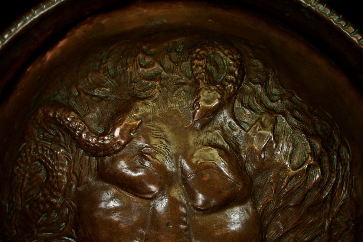 Grand Couvercle De Citerne à Vin En Cuivre Italien Antique Masque Medusa-photo-2