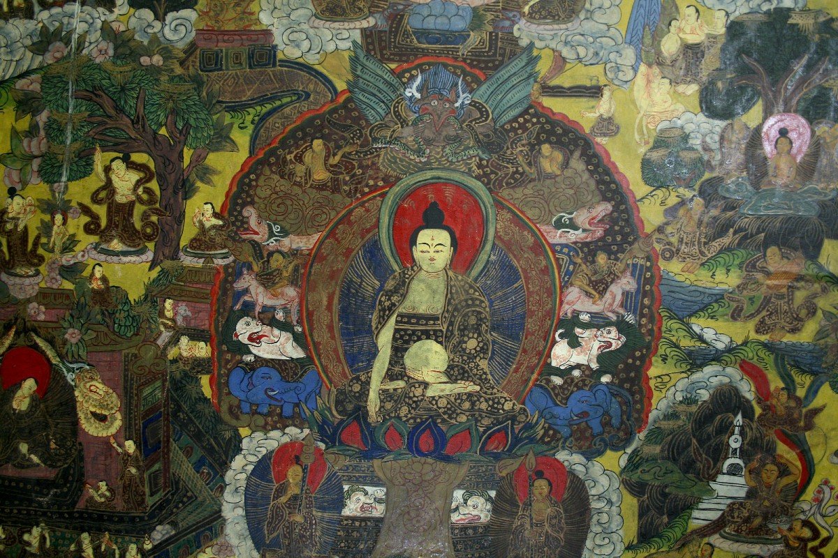 Ancien Thangka Tibétain Vie De Bouddha Bouddhiste-photo-2