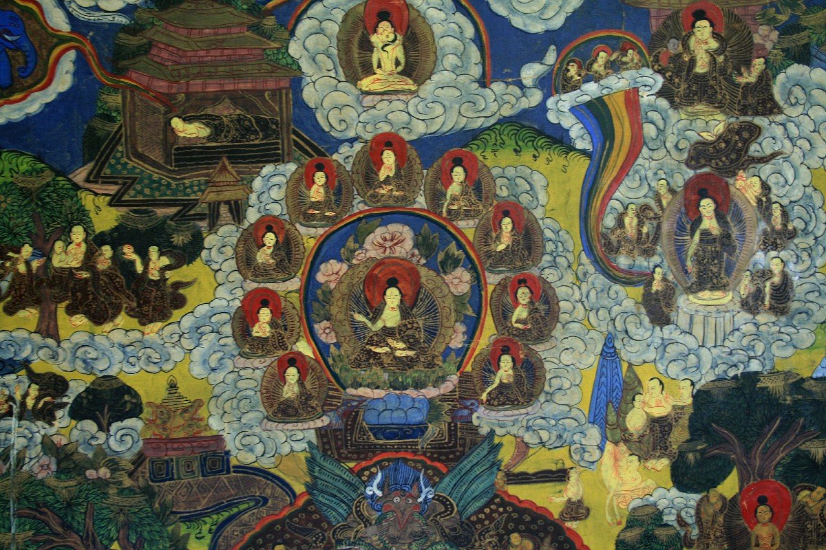 Ancien Thangka Tibétain Vie De Bouddha Bouddhiste-photo-3
