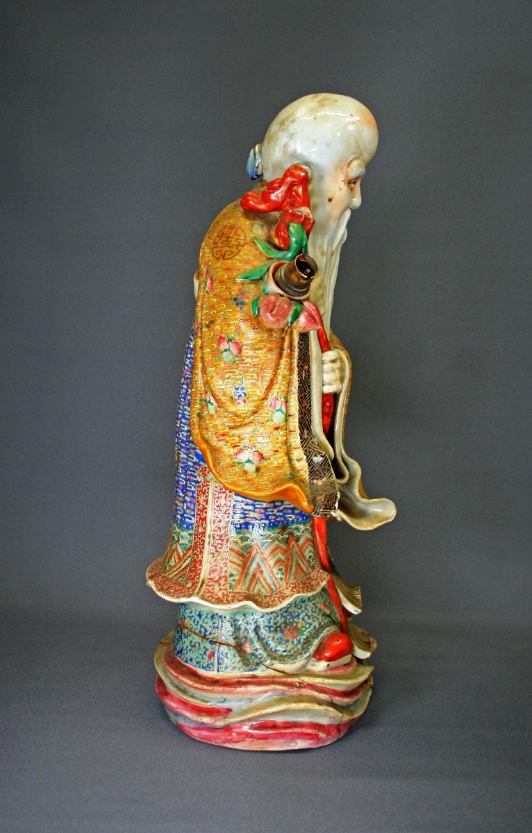 Large Antique Chinese Porcelain Shoulao God Of Longevity Lamp Needs Restoration-photo-3