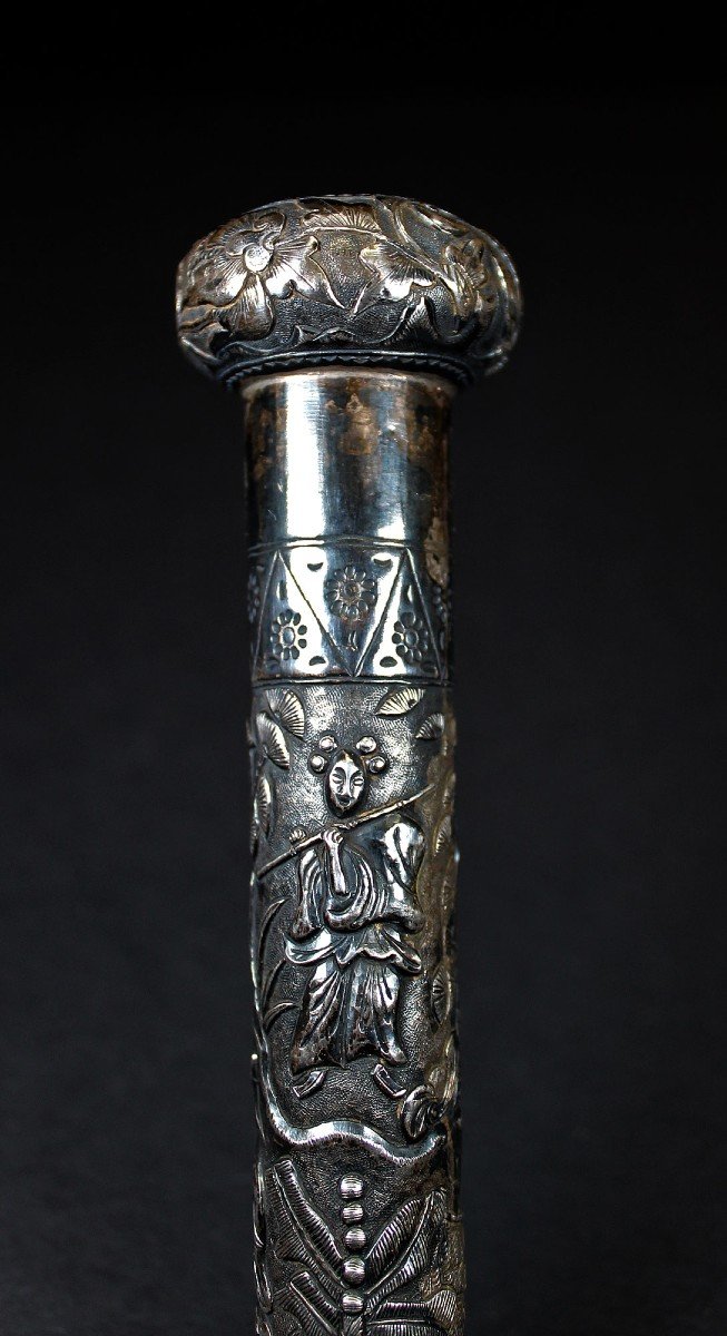 Very Large Antique Walking Stick Cane Handle Parasol Umbrella Solid Silver Chinese Vietnam-photo-2