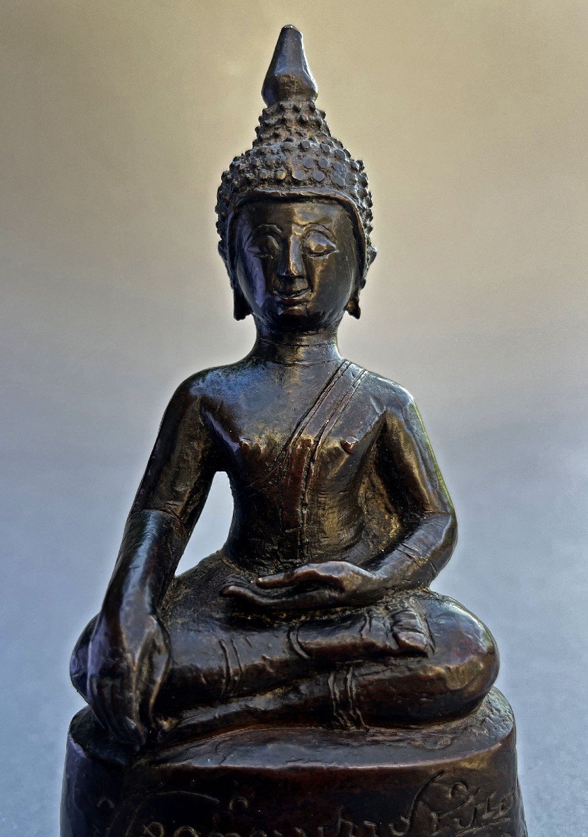 Ancien Bronze Bouddha Shakyamuni Laos / Thaï Bouddhiste Sculpture Bhumisparsha Mudra 16éme-photo-2