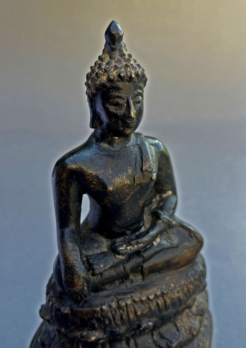  Ancien Bronze Bouddha Shakyamuni Thaïlandais Thaï Bouddhiste Sculpture Bhumisparsha Mudra-photo-1