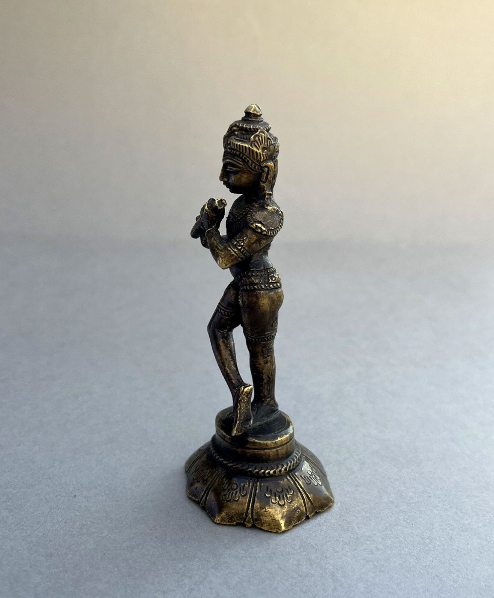 Indienne  Bronze Antique Krishna Jouant Flûte Dieu Hindou DeLa protection, Compassione Tendress-photo-2