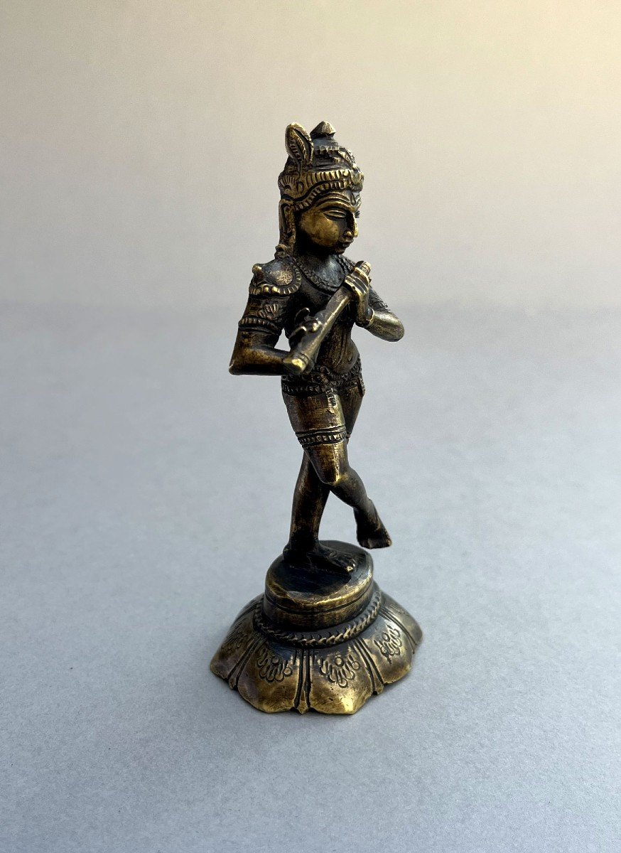 Indienne  Bronze Antique Krishna Jouant Flûte Dieu Hindou DeLa protection, Compassione Tendress-photo-3