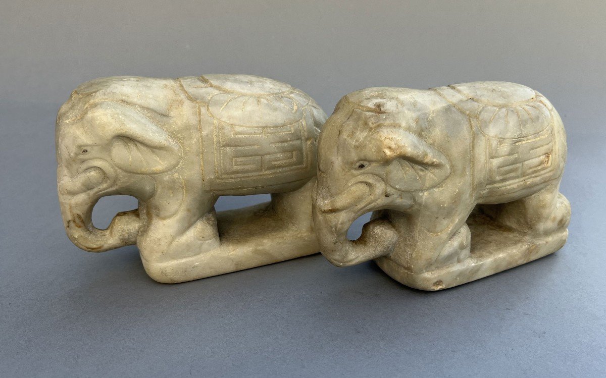 Pair Of Antique Chinese  Carved Marble Elephants-photo-4