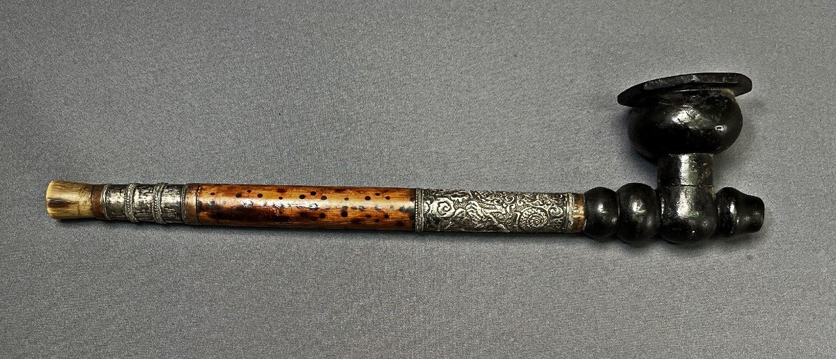  Antique Opium Pipe Chinese Or Vietnamese Silver, Bamboo, Horn, Bamboo & Lacquered Wood-photo-2