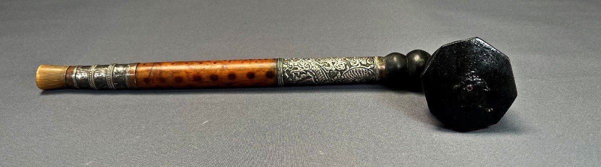  Antique Opium Pipe Chinese Or Vietnamese Silver, Bamboo, Horn, Bamboo & Lacquered Wood-photo-3