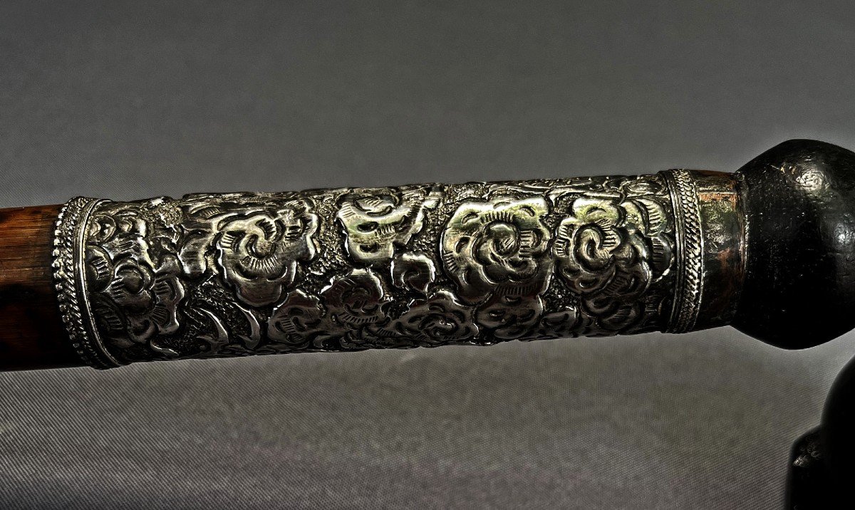  Antique Opium Pipe Chinese Or Vietnamese Silver, Bamboo, Horn, Bamboo & Lacquered Wood-photo-1