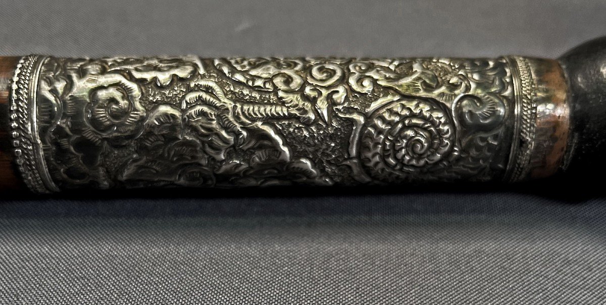  Antique Opium Pipe Chinese Or Vietnamese Silver, Bamboo, Horn, Bamboo & Lacquered Wood-photo-2