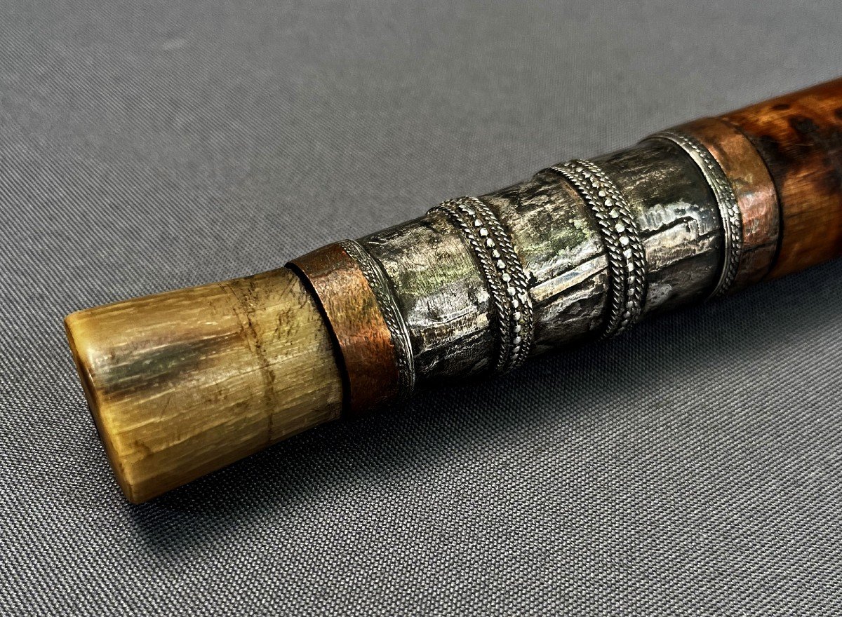  Antique Opium Pipe Chinese Or Vietnamese Silver, Bamboo, Horn, Bamboo & Lacquered Wood-photo-3