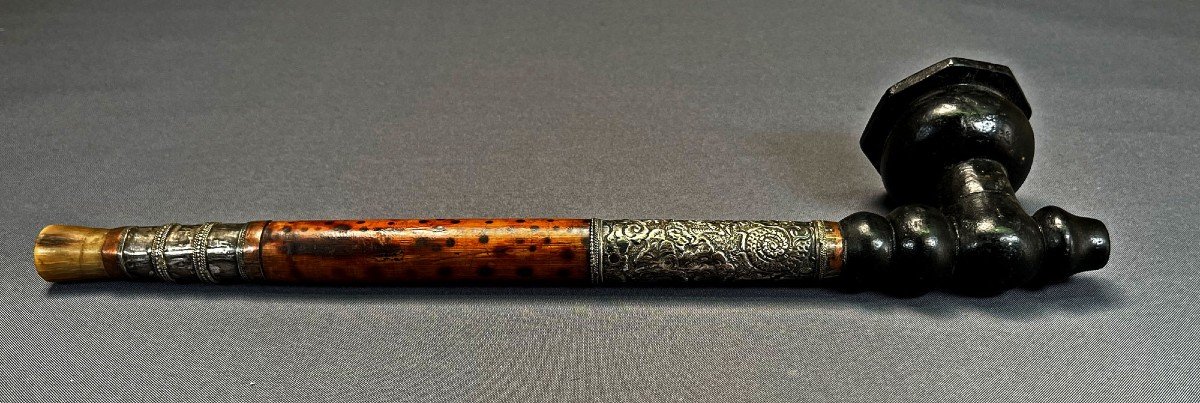  Antique Opium Pipe Chinese Or Vietnamese Silver, Bamboo, Horn, Bamboo & Lacquered Wood-photo-4