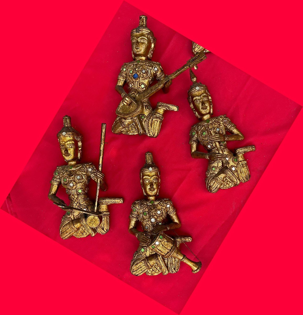 Traditional Thai Orchestra 9 Musicians Hand Carved Golden Wood With Inlaid Decor-photo-2