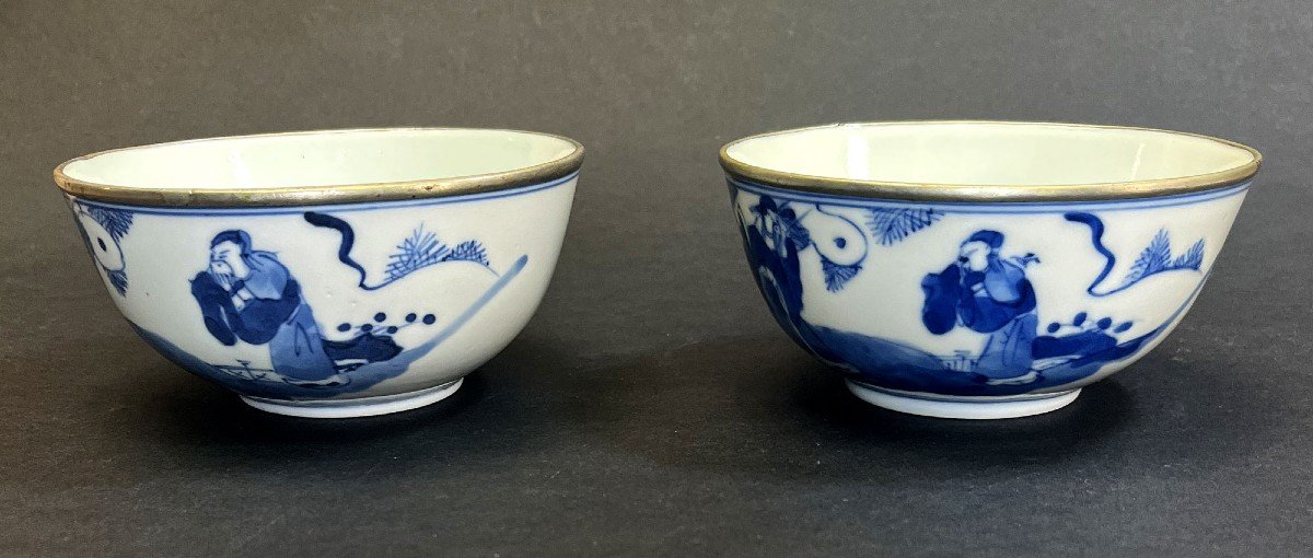 Paire De Bols En Porcelaine De Chine Bleu De Hué Marché Vietnamien 19ème Siècle-photo-2