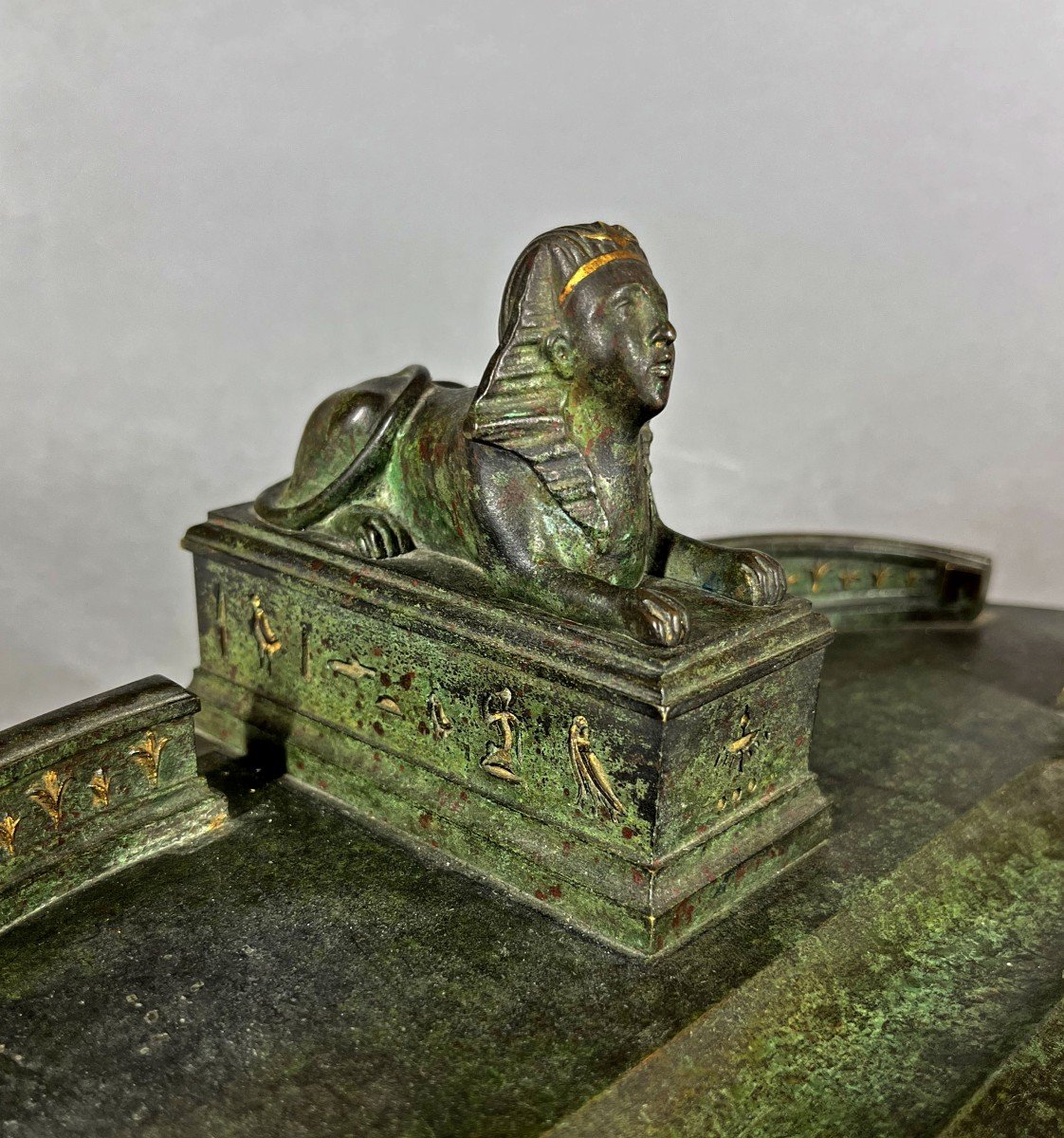 Exceptional Antique French Art Deco Egyptian Style Bronze Inkwell Spinx  By André Sadoux-photo-2