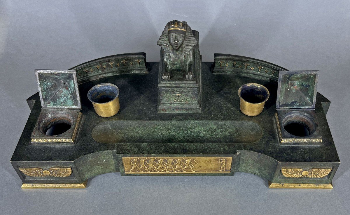 Exceptional Antique French Art Deco Egyptian Style Bronze Inkwell Spinx  By André Sadoux-photo-1