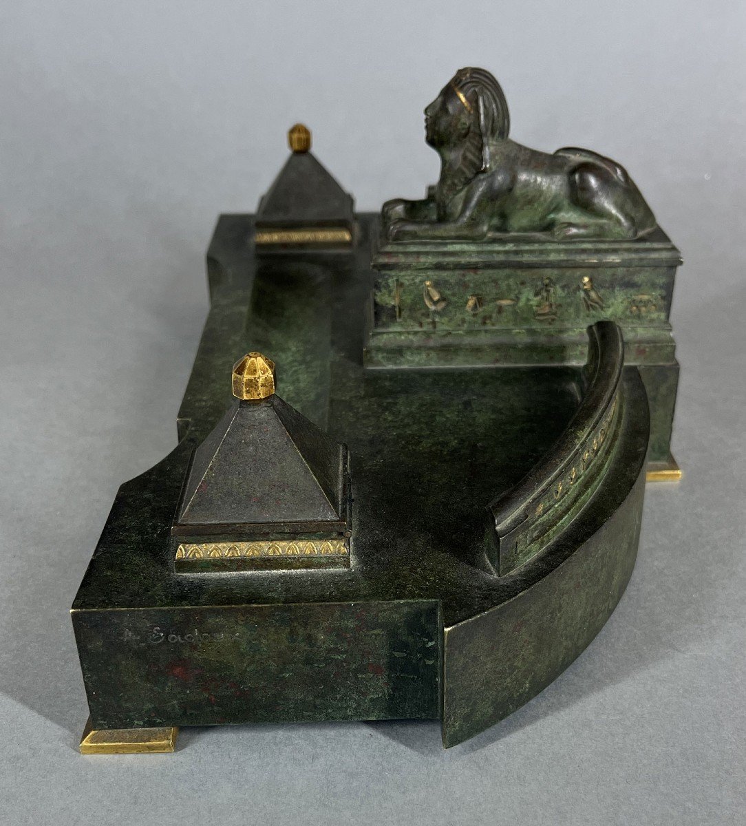 Exceptional Antique French Art Deco Egyptian Style Bronze Inkwell Spinx  By André Sadoux-photo-6