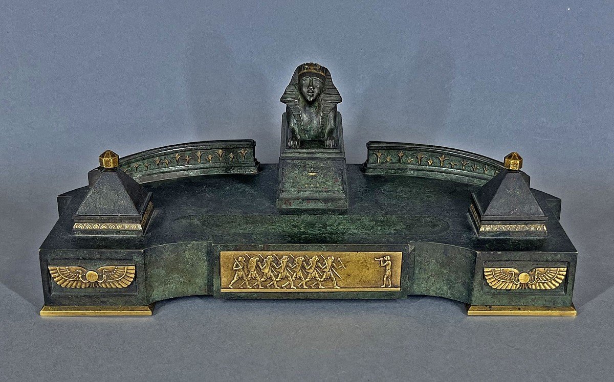 Exceptional Antique French Art Deco Egyptian Style Bronze Inkwell Spinx  By André Sadoux