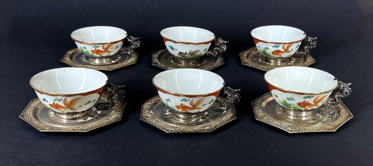 Antique Chinese Porcelain For Vietnam Tea Set  Silver Mounts Bleu De Hue
