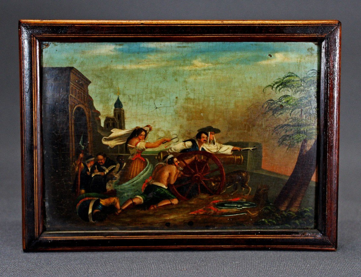 Peinture à l'huile XIXe La défense de Saragosse Poème de Lord Byron guerre d'Espagne