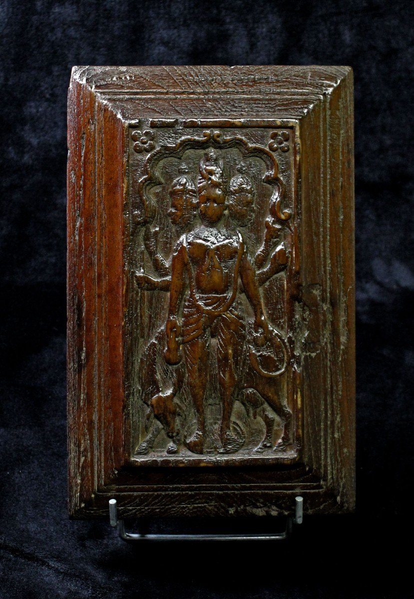 5 Panneaux Indiens En Bois Sculpté Dieu Et Déesse Temple Hindou 17ème Siècle-photo-3