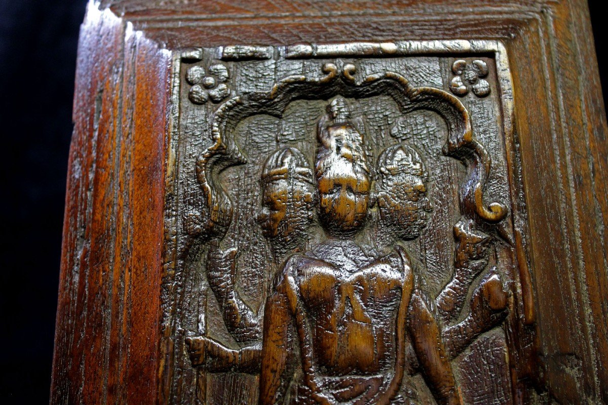 5 Panneaux Indiens En Bois Sculpté Dieu Et Déesse Temple Hindou 17ème Siècle-photo-6