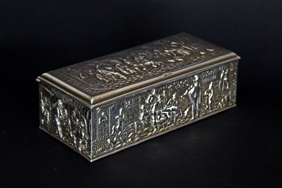 An Antique Dutch Solid Silver Cigar Box Decorated With Farm Workers Drinking