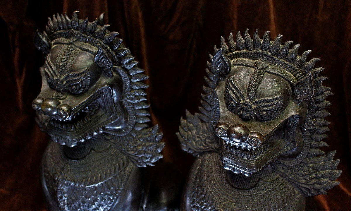 Pair Monumental Antique Thai Bronze Lions Buddhist Temple Guardians-photo-4