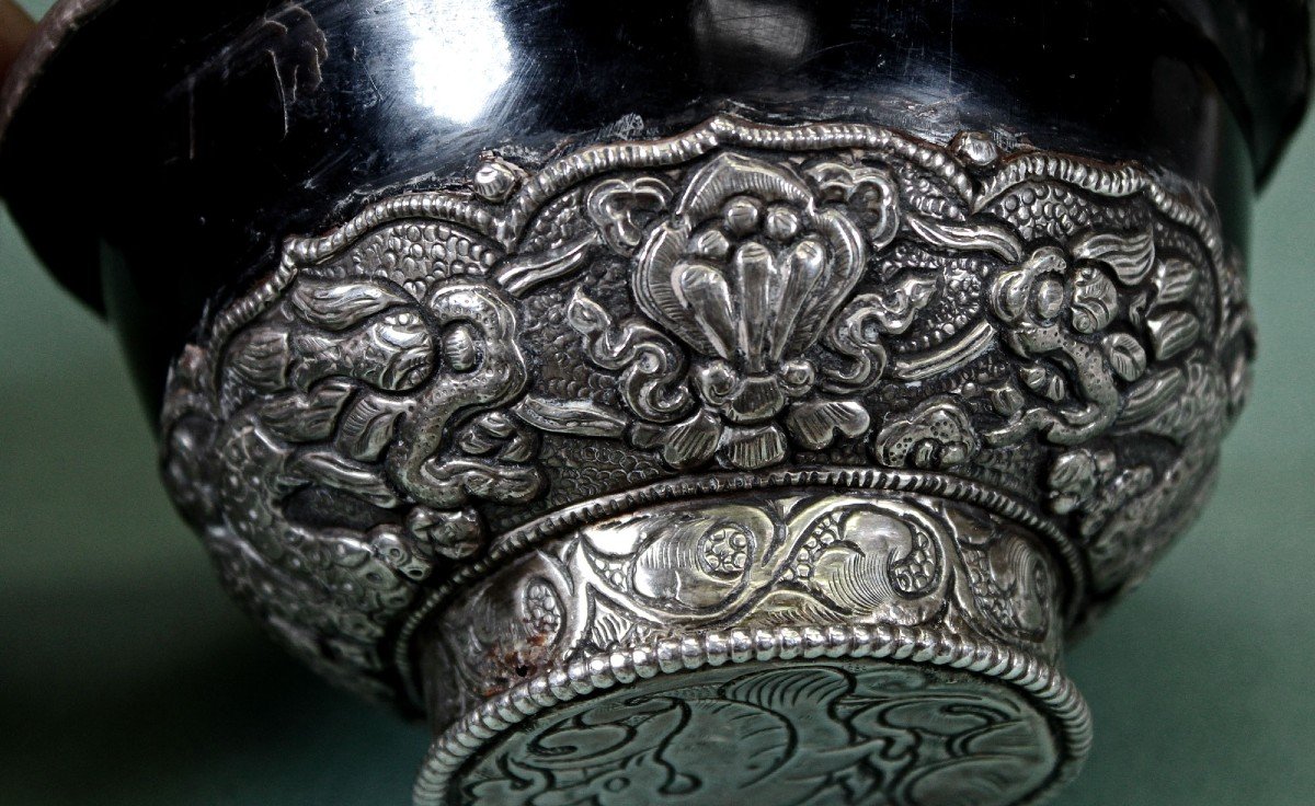 Coupe De Libation rituelle Tibétaine Antique En Argent Et Corne Tibet bouddhiste-photo-1