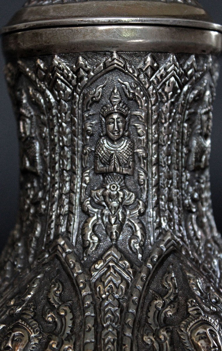 Théière Thaïlandaise Antique En Argent Massif Personnages Bouddhistes Thaïlande-photo-4