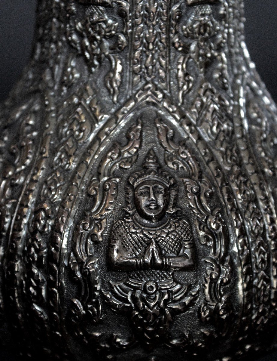 Théière Thaïlandaise Antique En Argent Massif Personnages Bouddhistes Thaïlande-photo-4