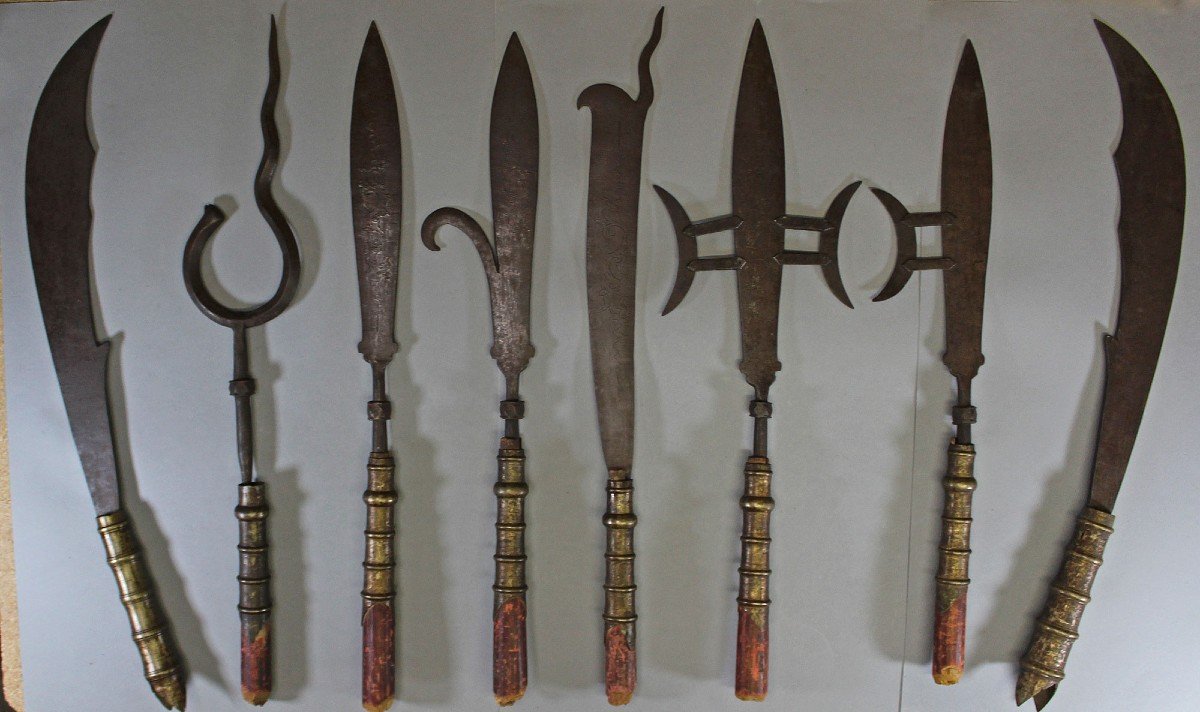 Set 8 Antique Vietnamese Polearms Sword Spear Bladed Weapons-photo-2