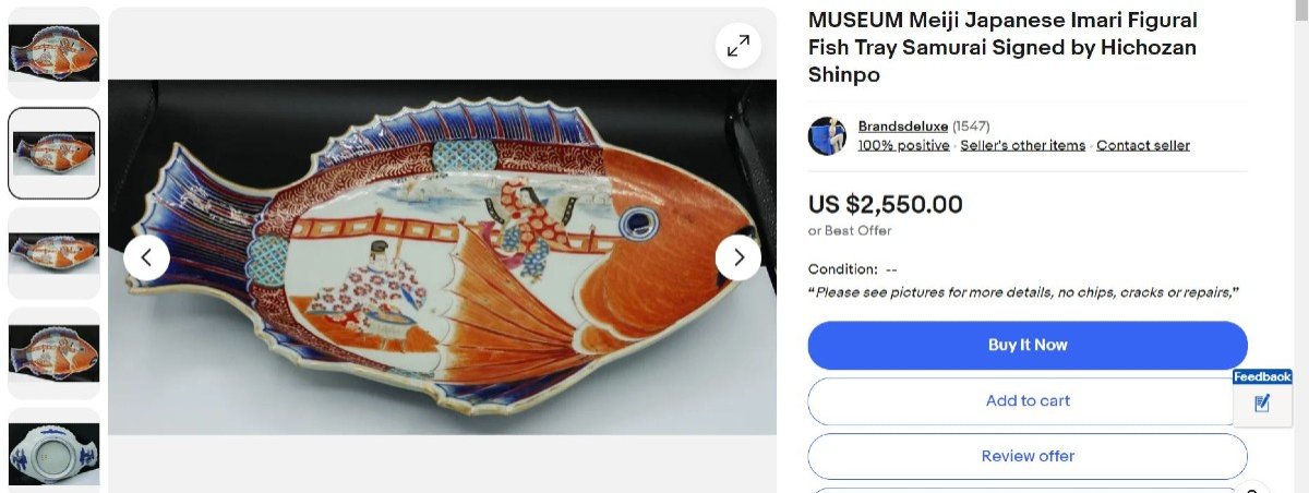 Large Antique Japanese Fish Dish  Arita Porcelain Signed Hichozan Shinpo -photo-2