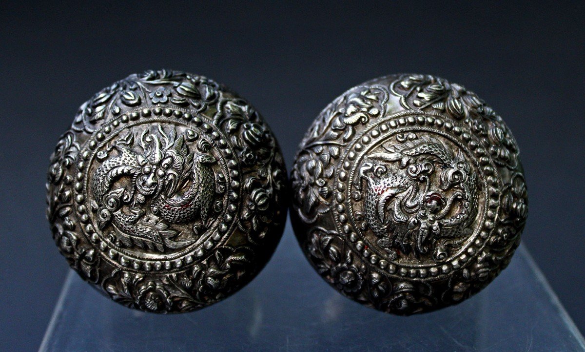 Pair Straits Chinese Peranakan Solid Silver Betel Nut Sirih Pots Cembul-photo-2