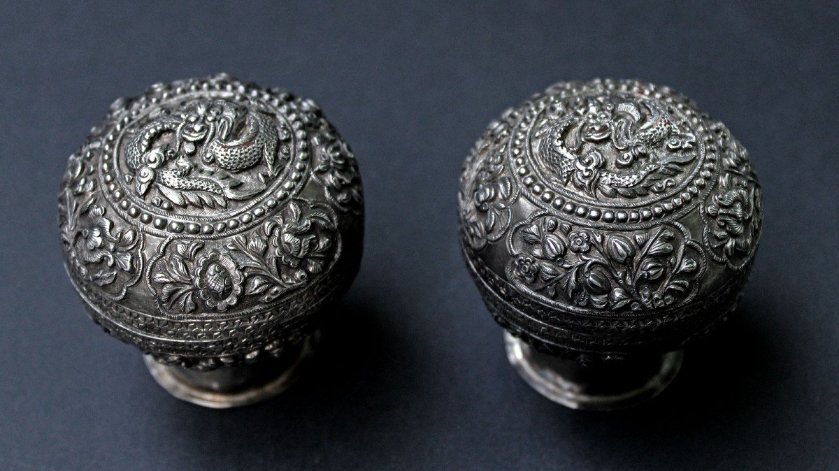 Pair Straits Chinese Peranakan Solid Silver Betel Nut Sirih Pots Cembul-photo-1